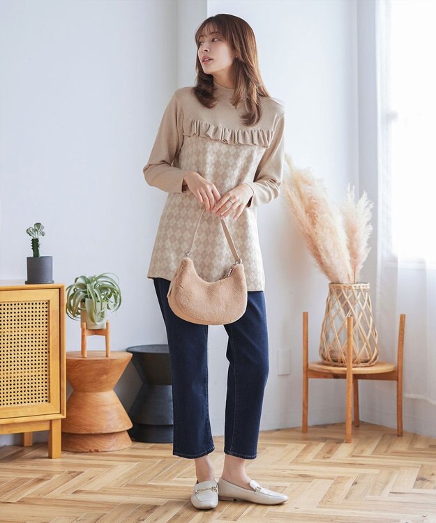 Tiaclasse アーガイルジャガードフリルチュニック ベージュ