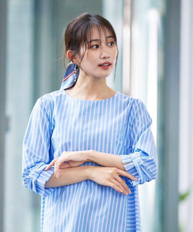 Tiaclasse L 【洗える】リボンスリーブストライプチュニックブラウス サックス×オフストライプ