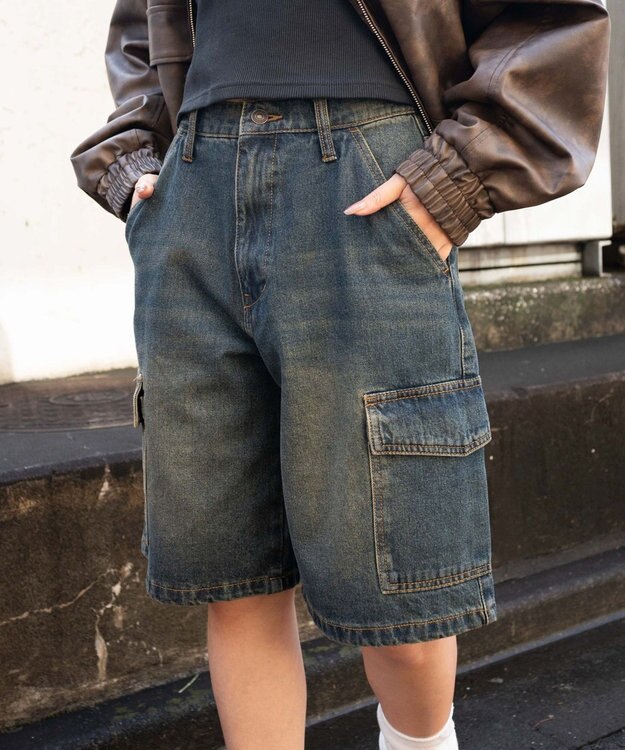 WEGO ヴィンテージウォッシュカーゴハーフパンツ デニム中濃加工色