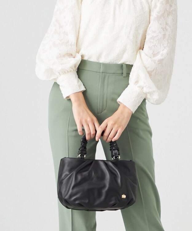 LA BAGAGERIE シープレザー ギャザーハンドル2wayラウンドトートバッグ ブラック