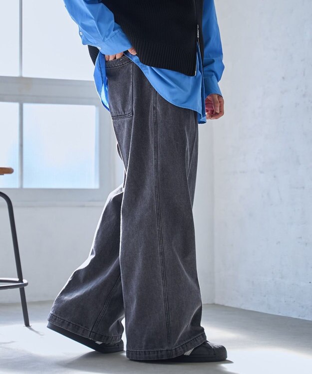 WEGO 【ウエストゴム】スーパーバギーデニムスラックス ダークグレー