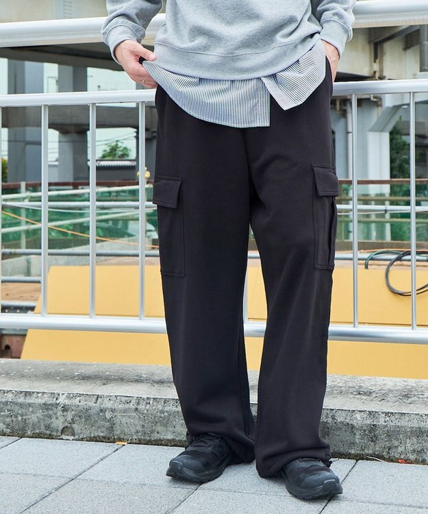 WEGO 【ウエストゴム/MLサイズ展開】ワイドカーゴスウェットパンツ ブラック