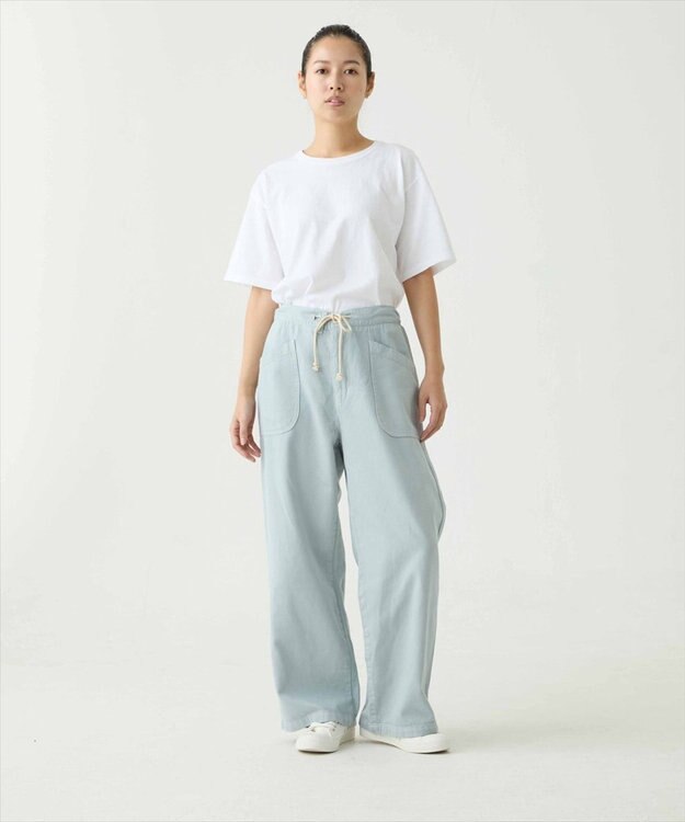 caqu color linen easy wide カラーコットンリネンウエストゴムワイドストレート saxe