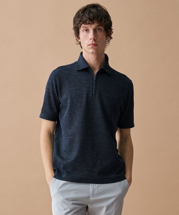 JOSEPH ABBOUD  【フランス産リネン×日本の技術・清涼感】ノルマンディリネントップジャージ ジップ ポロシャツ ネイビー系