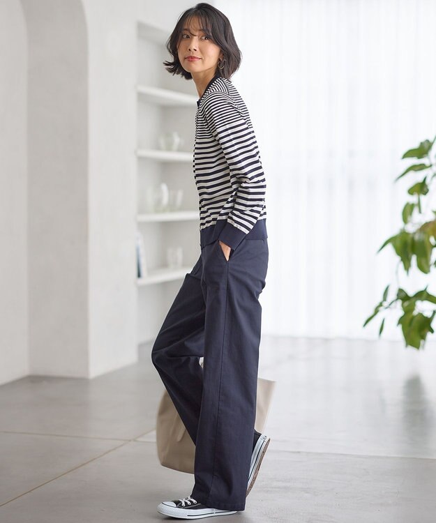 23区 【洗える】プレミアムビオコットン ボーダー カーディガン オフホワイトxネイビーボーダー