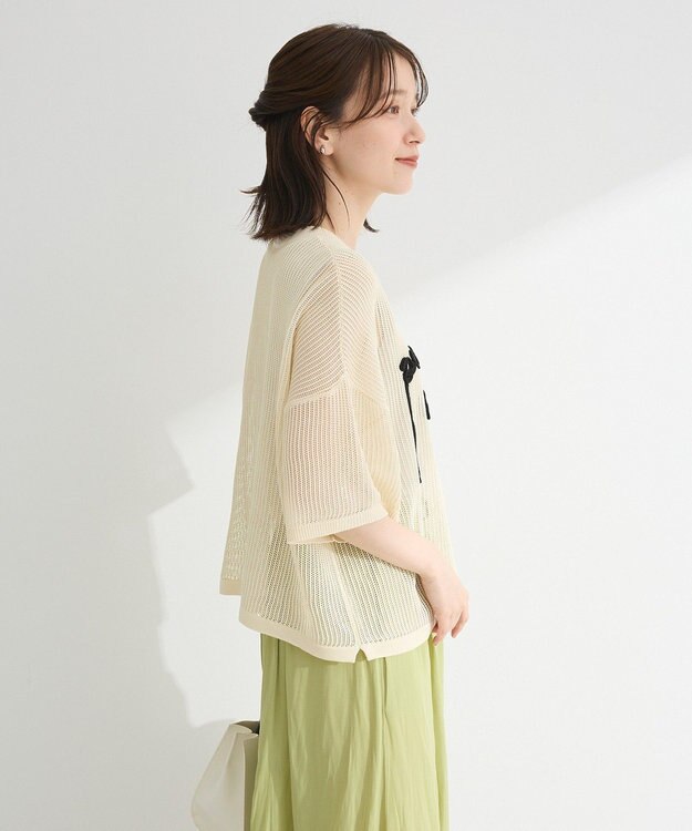 Green Parks テープロゴ透かしニットプルオーバー Ecru