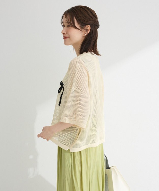 Green Parks テープロゴ透かしニットプルオーバー Ecru
