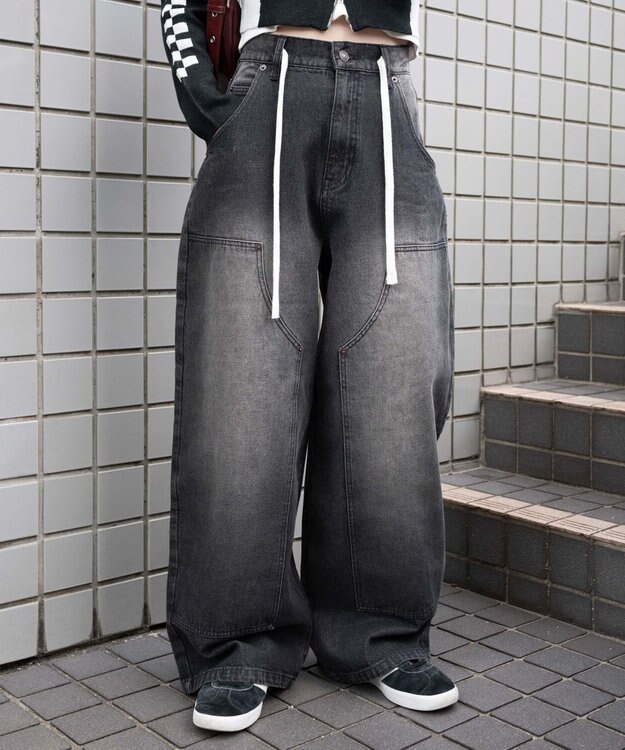 WEGO ヴィンテージウォッシュダブルニーバギーパンツ ブラック