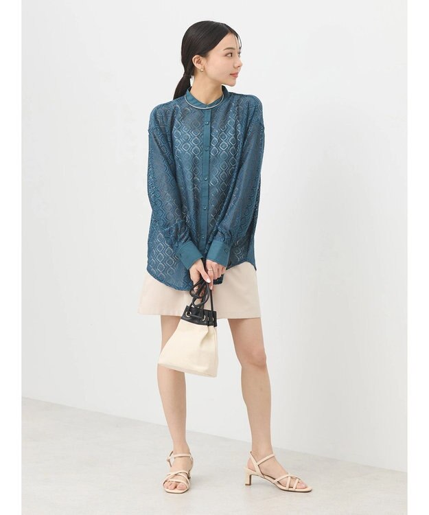 earth music&ecology レースバンドカラーシャツ Green