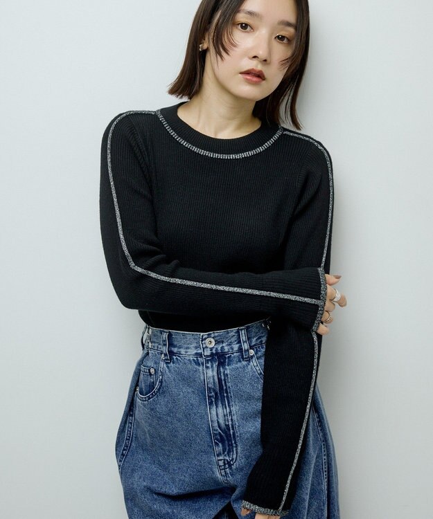 Green Parks ラメライン入りリブニットプルオーバー Black