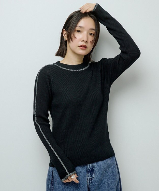 Green Parks ラメライン入りリブニットプルオーバー Black