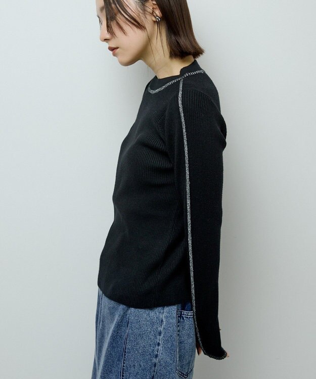 Green Parks ラメライン入りリブニットプルオーバー Black