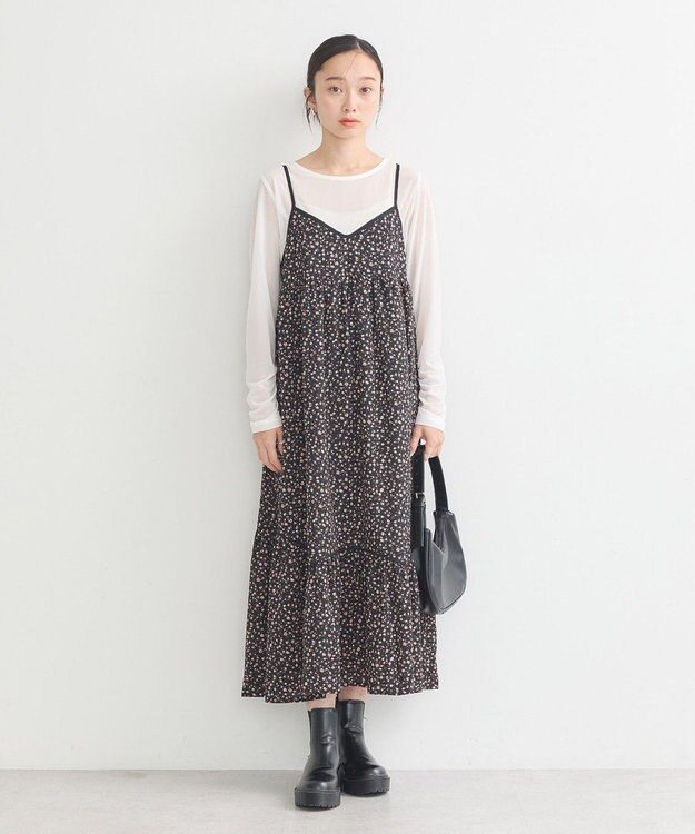 earth music&ecology 切替パイピングフラワーキャミワンピース Black