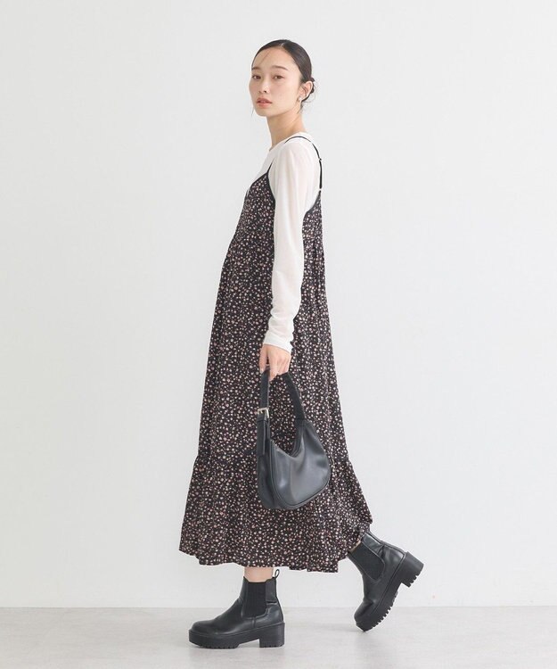 earth music&ecology 切替パイピングフラワーキャミワンピース Black