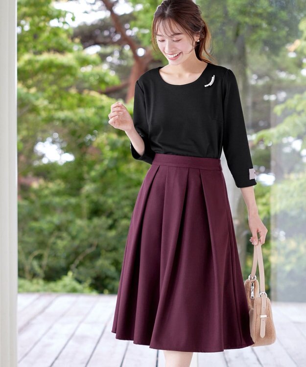 Tiaclasse 【新色追加・洗える】ウール調タックフレアスカート ワインレッド