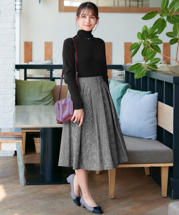 Tiaclasse 【新色追加・洗える】ウール調タックフレアスカート グレーチェック