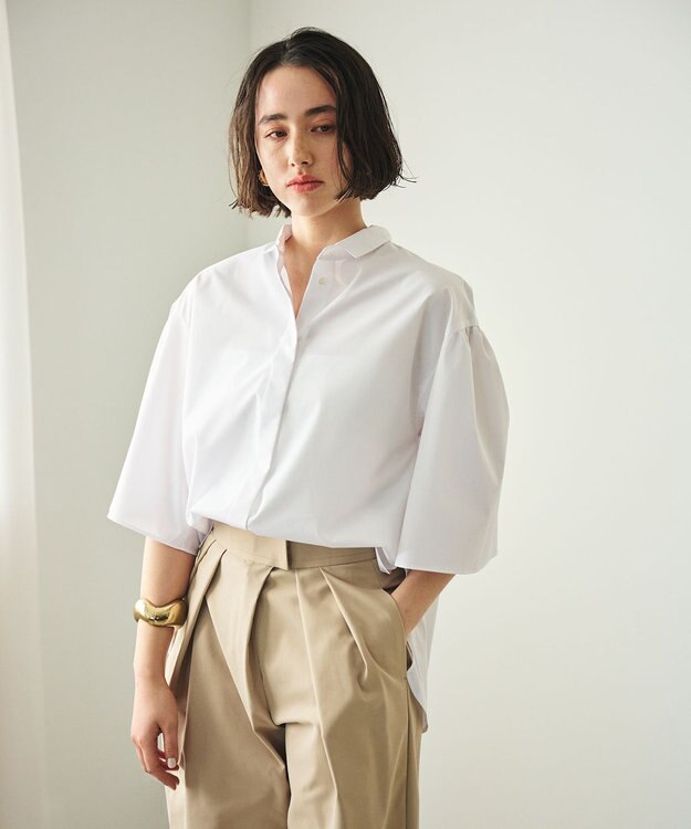 #Newans 【洗濯機可能/シワになりにくい】〈お尻・太ももをカバー〉フレアスリーブイタリアンカラーシャツ ホワイト