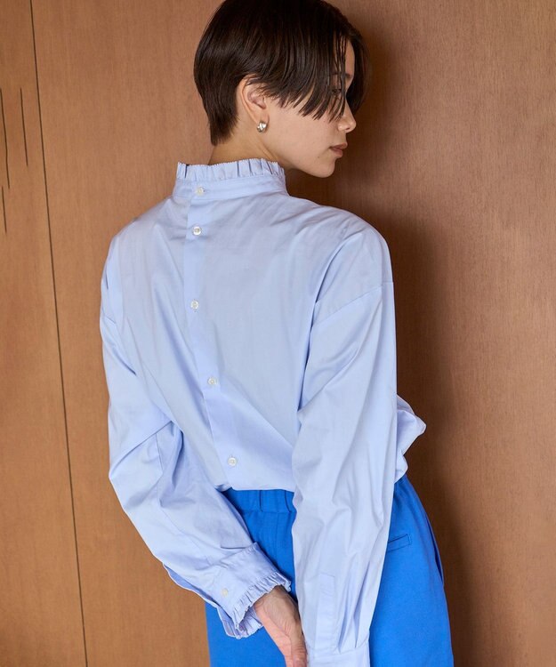 UNFILO イージーケア フリルネック シャツ スカイブルー