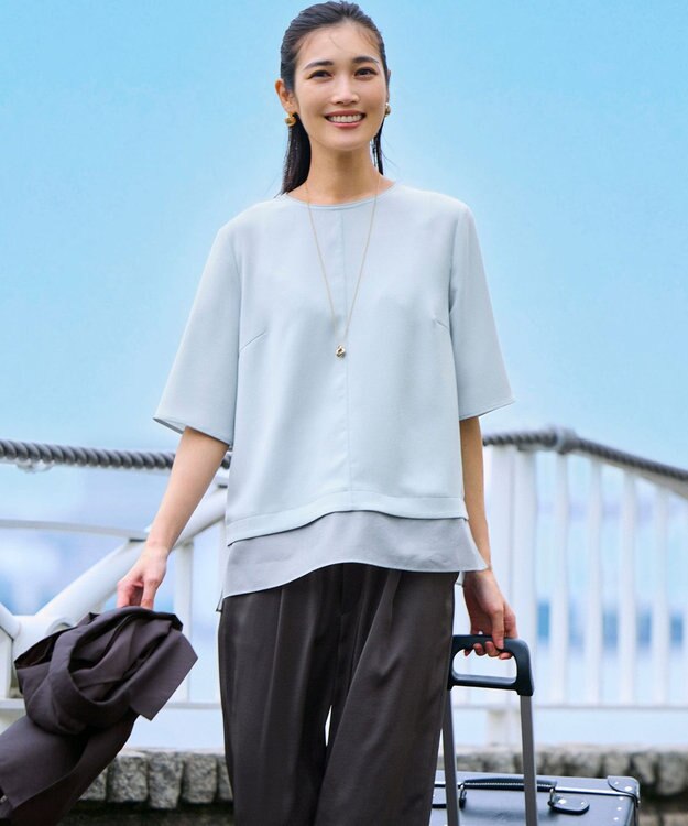 23区 【吸水速乾/UVカット/接触冷感】ストレッチジョーゼット シアーコンビ カットソー スカイブルー系