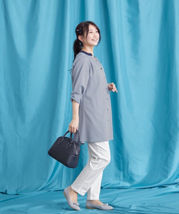 Tiaclasse 【洗える】クレリックシャツチュニックブラウス サックス×ネイビー