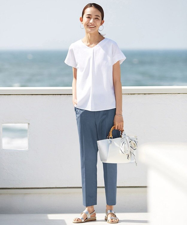 J.PRESS LADIES S 【シワになりにくい】コットンフィッティーシャーク テーパードパンツ ダルブルー系