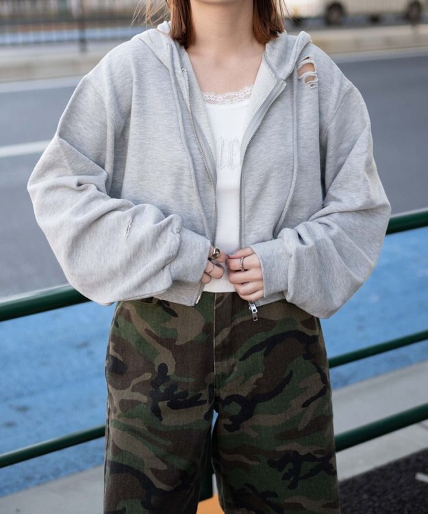 WEGO ダメージショートジップパーカー 杢グレー