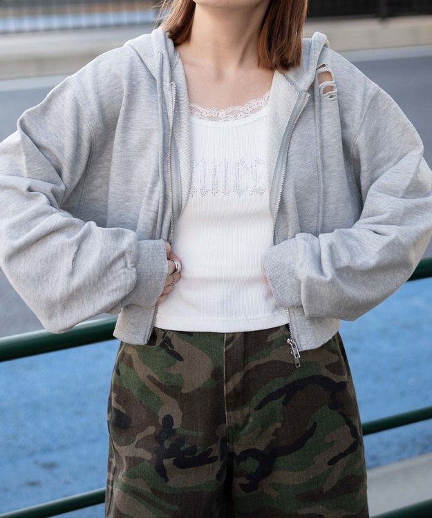 WEGO ダメージショートジップパーカー 杢グレー