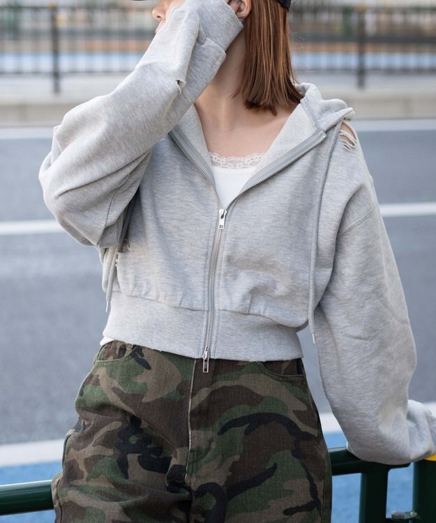 WEGO ダメージショートジップパーカー 杢グレー