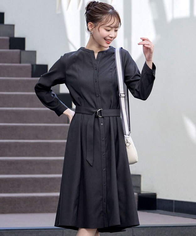 Tiaclasse 【洗える】ベルト付きスキッパーシャツワンピース チャコールグレー