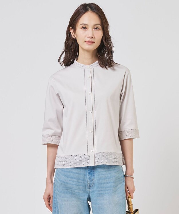 J.PRESS LADIES エンブロコンビ シャツジャージー バンドカラー カットソー グレージュ系