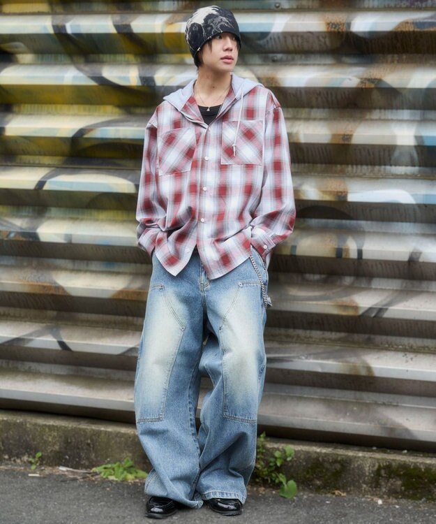 WEGO 【ユニセックス着用ITEM/MLサイズ展開】オンブレチェックフードシャツ（LS） レッドチェック1