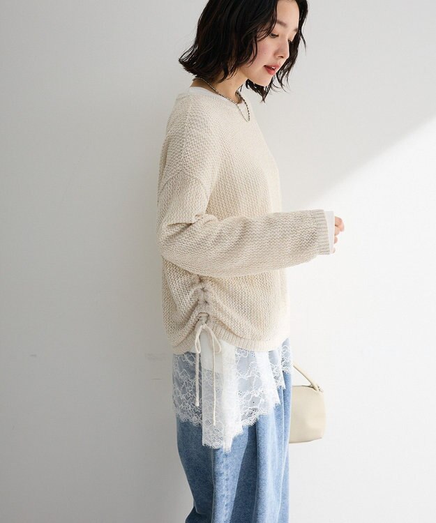 Green Parks サイドシャーリング透かし編みニットプルオーハ Ivory