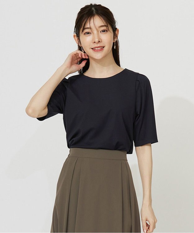 ANY SIS 【接触冷感・UVカット・洗える】ハイストレッチスムースタックスリーブ カットソー ネイビー