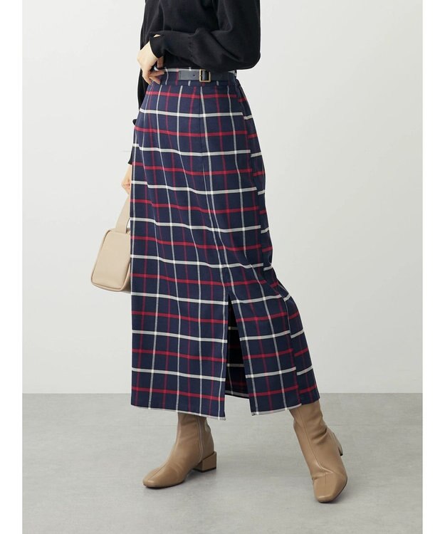 Green Parks ベルトデザインチェックＩラインスカート Navy