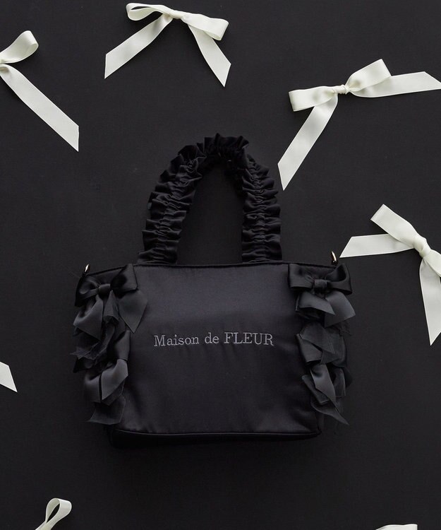 Maison de FLEUR リボンギャザーハンドル2Wayトートバッグ Black