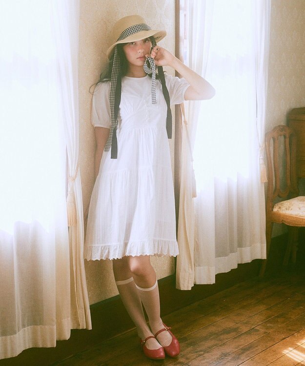 earth music&ecology ロゴプレート付きパフスリーブプルオーバー White