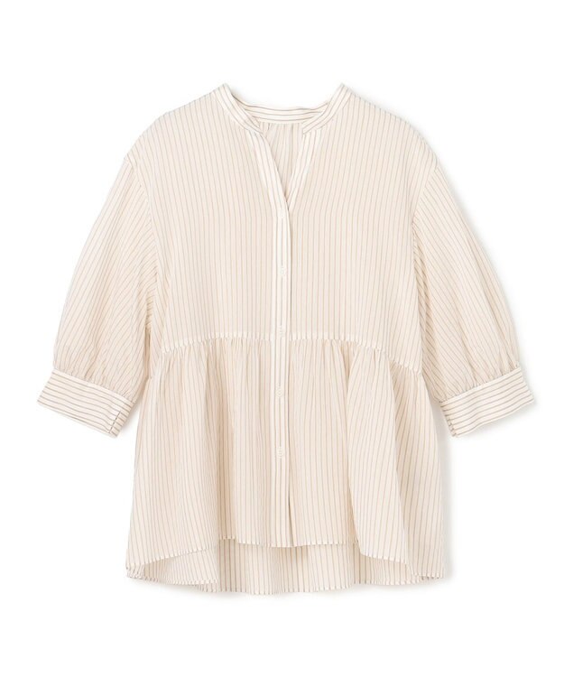 UNFILO ペプラム ギャザーブラウス ベージュストライプ