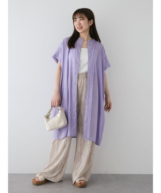 Green Parks インド綿　パイピングバンドカラーシャツチュニック Purple