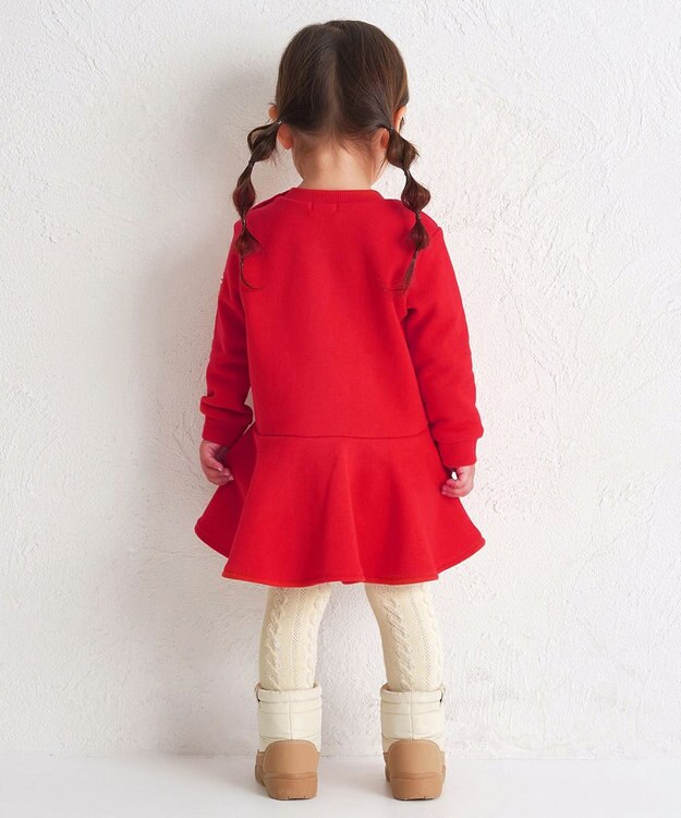 MIKI HOUSE HOT BISCUITS 【80-120cm】ビッグフェイスプリント 裏毛パイル素材 フレアワンピース 赤