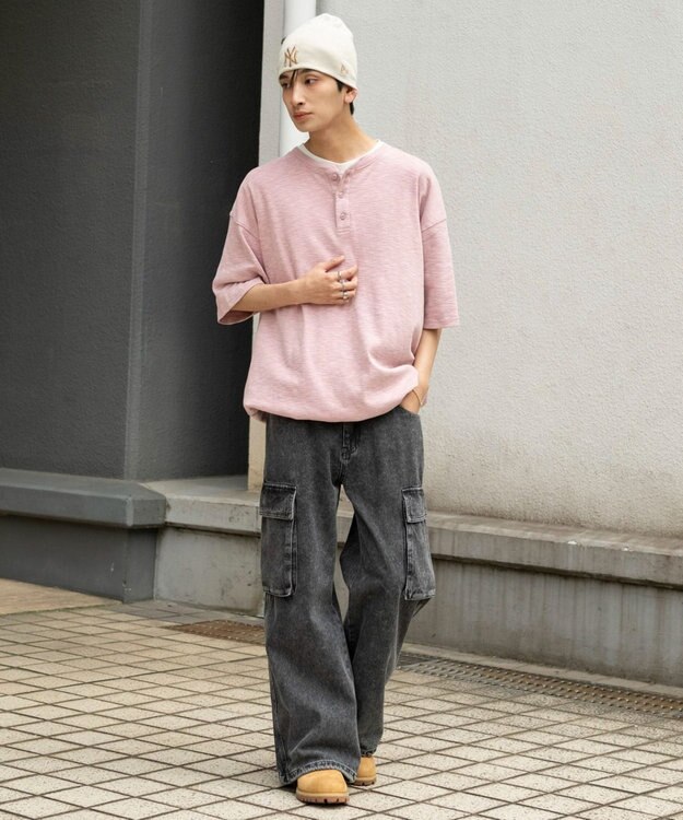 WEGO 【ユニセックス着用ITEM/MLサイズ展開】スラブヘンリーネックT（SS） ピンク