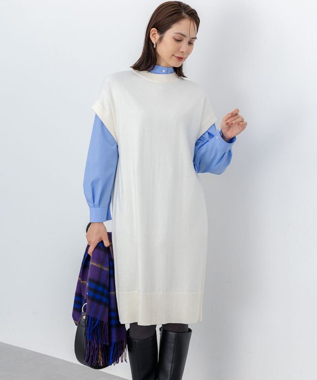 組曲 コットンカシミヤMIXチュニック丈ニットワンピース アイボリー系
