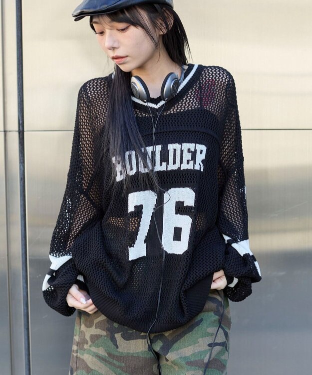 WEGO ナンバリングメッシュニットプルオーバー ブラック