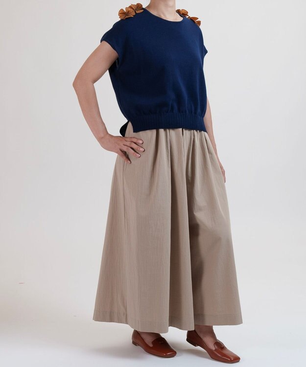 muuc 〈綿100%〉〈涼しいワッシャー生地〉〈裾タック入り〉ワイドパンツ ベージュ
