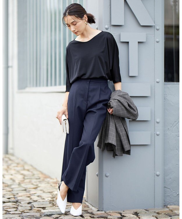 ICB 【洗える】トリアセサテンスムース 7分袖プルオーバー ネイビー系