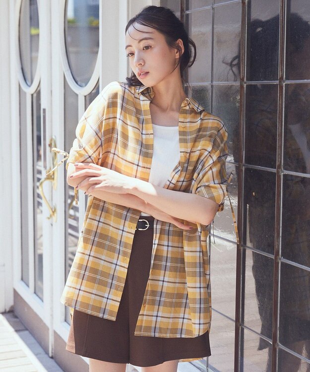 earth music&ecology 【2WAY】２ｗａｙショルダードロストリボンチェックシャツ Yellow