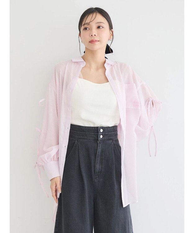 earth music&ecology 袖スリットリボンロングシャツ Pink