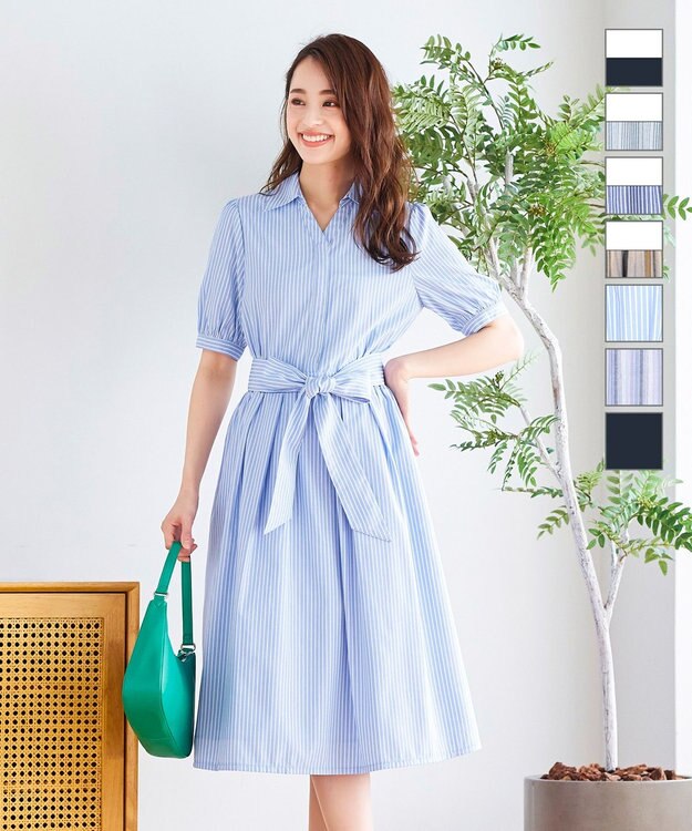 Tiaclasse 【洗える】小顔効果も叶えるスキッパーシャツワンピース サックスストライプ
