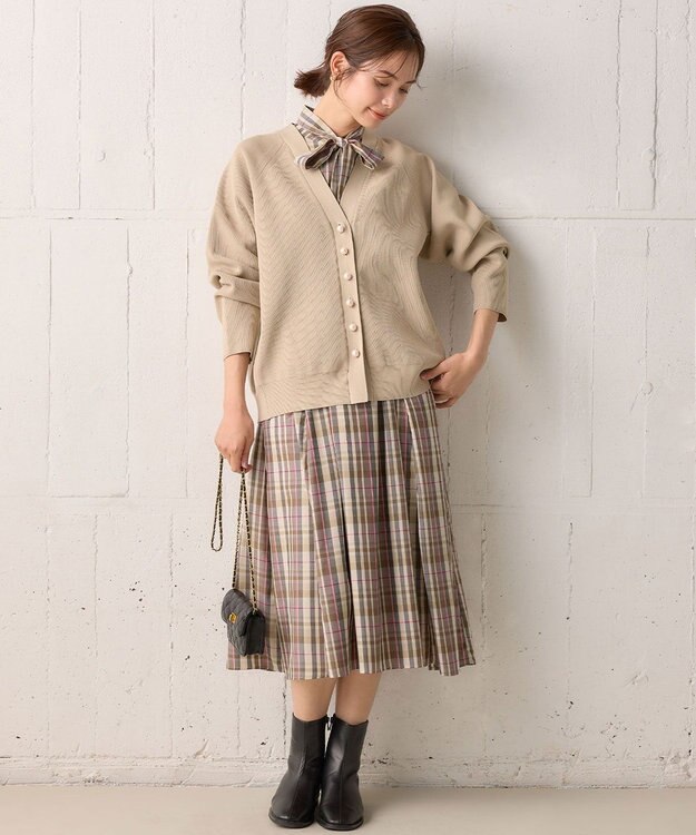 組曲 【リボンタイ付き】シアーツイルチェック ワンピース ベージュ系3