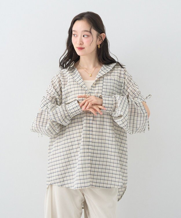earth music&ecology 【2WAY】２ｗａｙショルダードロストリボンチェックシャツ Cream