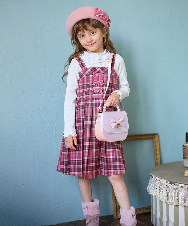 ANY KIDS チェックプリーツジャンパースカート ピンク系